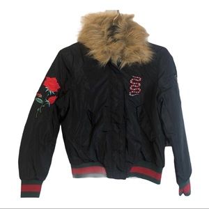 Rose‎ & snake appliqué faux fur collar bomber